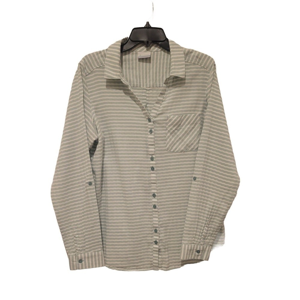 Columbia Women's Button Up Shirt Aqua Stripe  Long Sleeve Slub Cotton Large